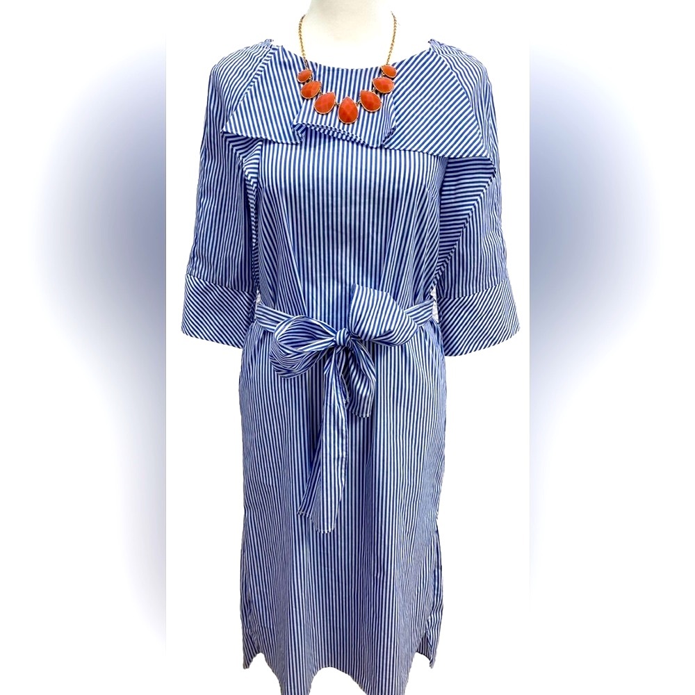 H&M Blue White Seersucker Striped Collared Belted Shirt Dress- Size 2
